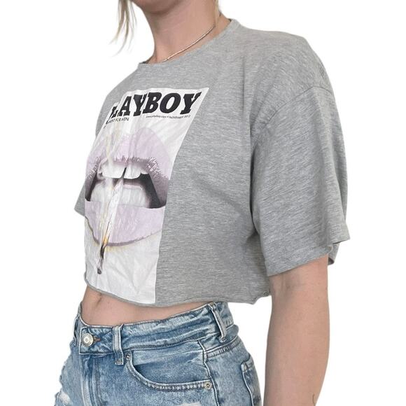 Playboy x Missguided Grey Cropped Short Sleeve Graphic Tee - Picture 3 of 7